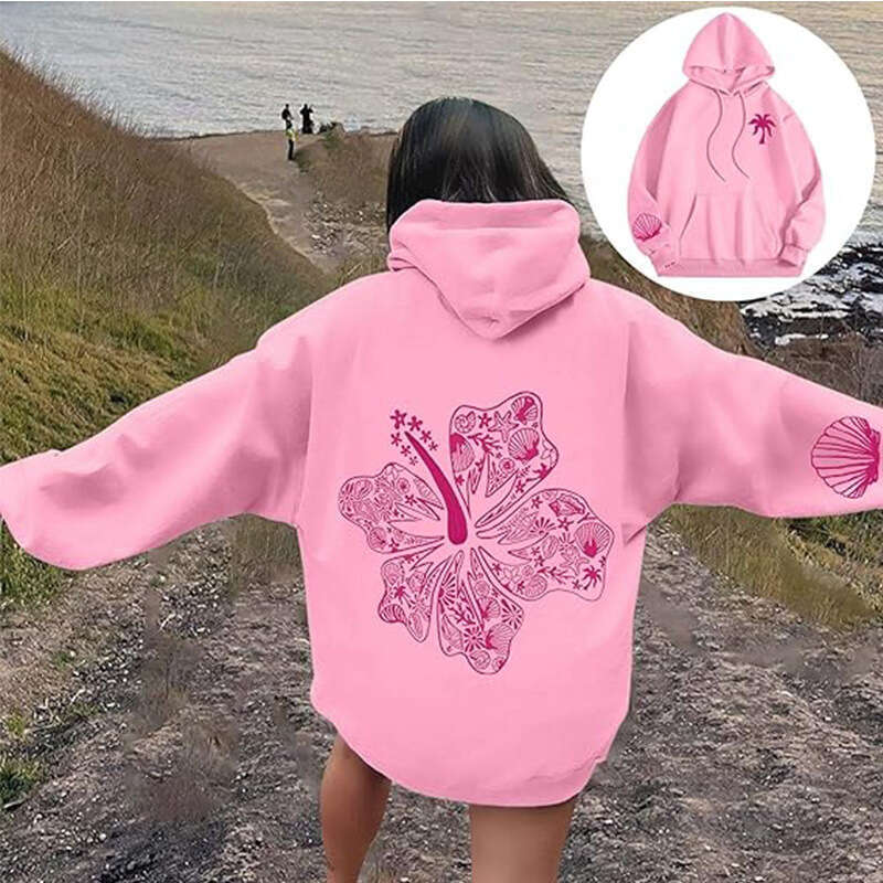 Awaii Hibiscus Hoodie with off shoulder sleeves and threaded print hoodie