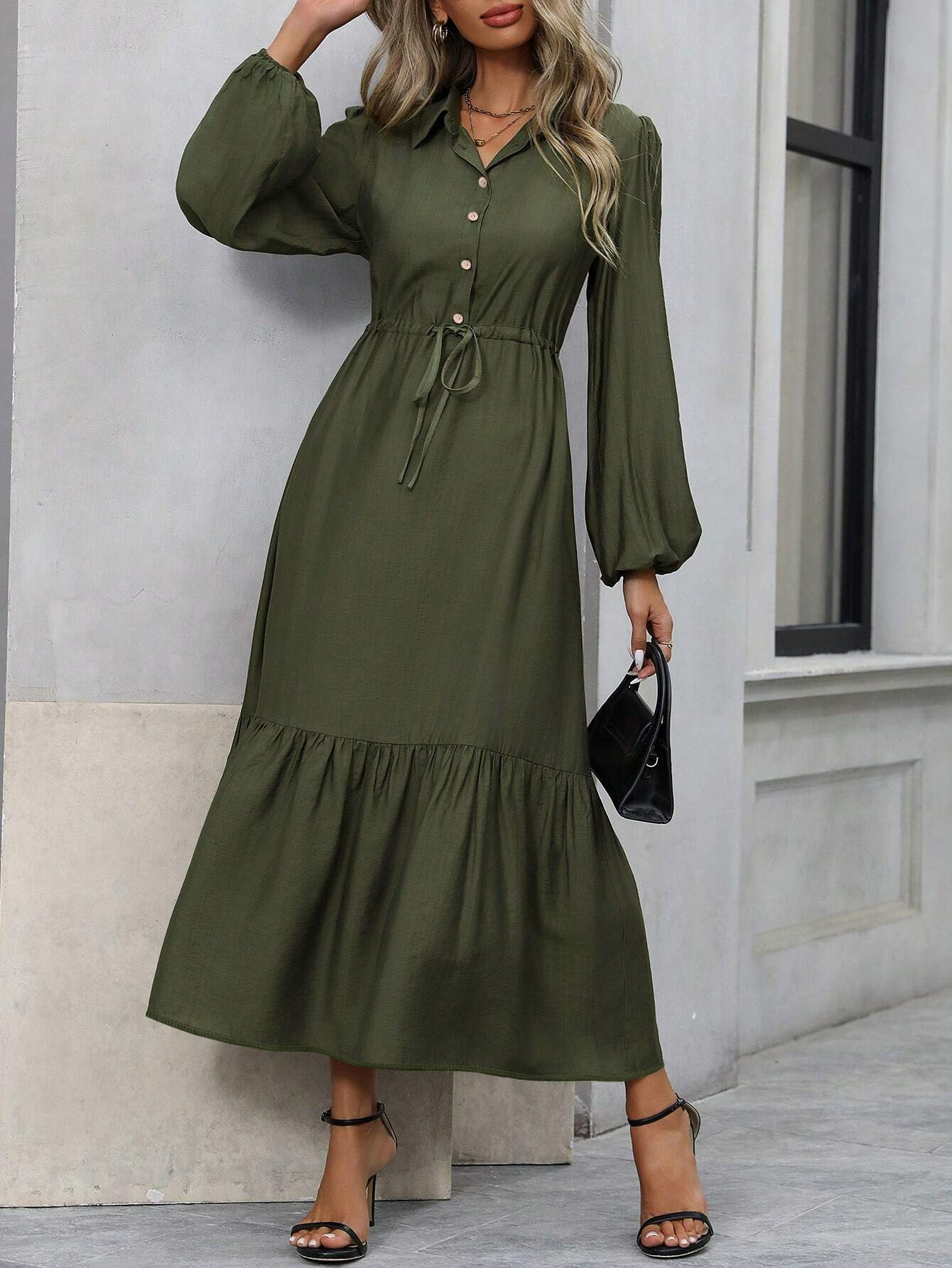 GY6185 Spring Beautiful Ladies Elegant Button Long Sleeve Waist Drawstring Dress