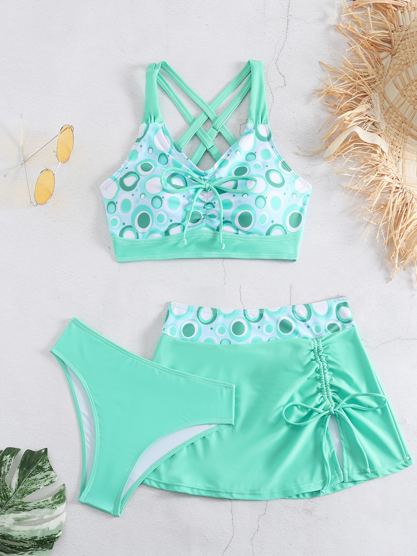 2025 bikini split swimsuit women's skirt style three piece set