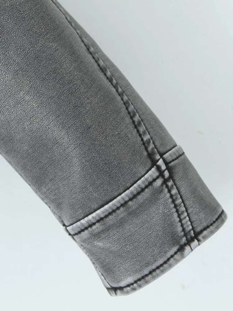 Women Autumn Winter Loose Gray PU Faux Leather Short Jackets Belt Female High Street Zipper Retro Moto Biker Coats Outwear Xs-Xl