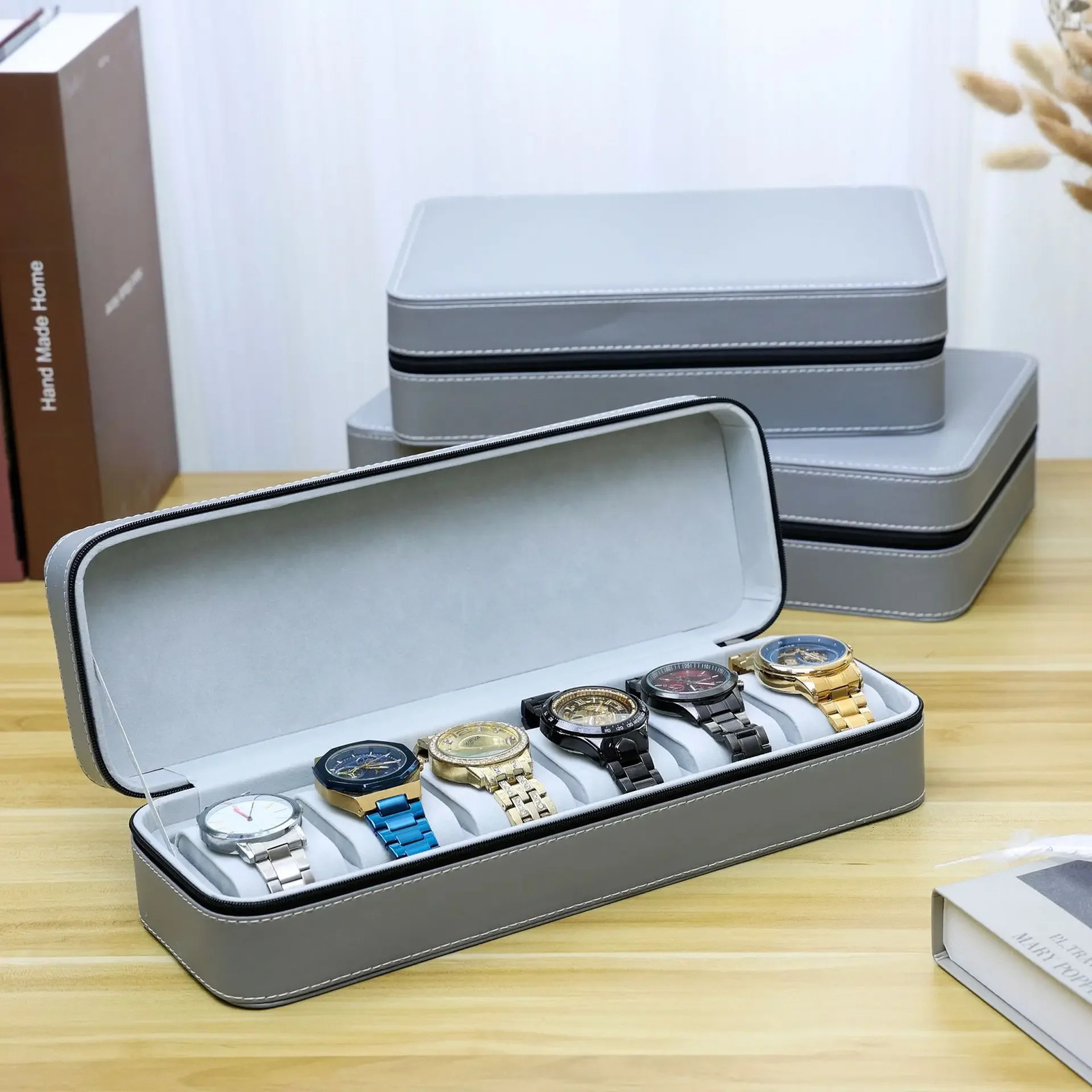 Premium Grey Puleather Watch Box Zip-up Storage Display Box For Watches High-end 6102 Model Wholesale Watch Storage Solutions 250117