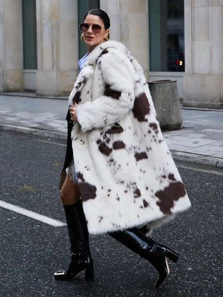 Vintage Thick Faux Fur Cow Pattern Coats Women Casual Loose Lapel Single-Breasted Long Coat Lady Winter Elegant Street Outwear