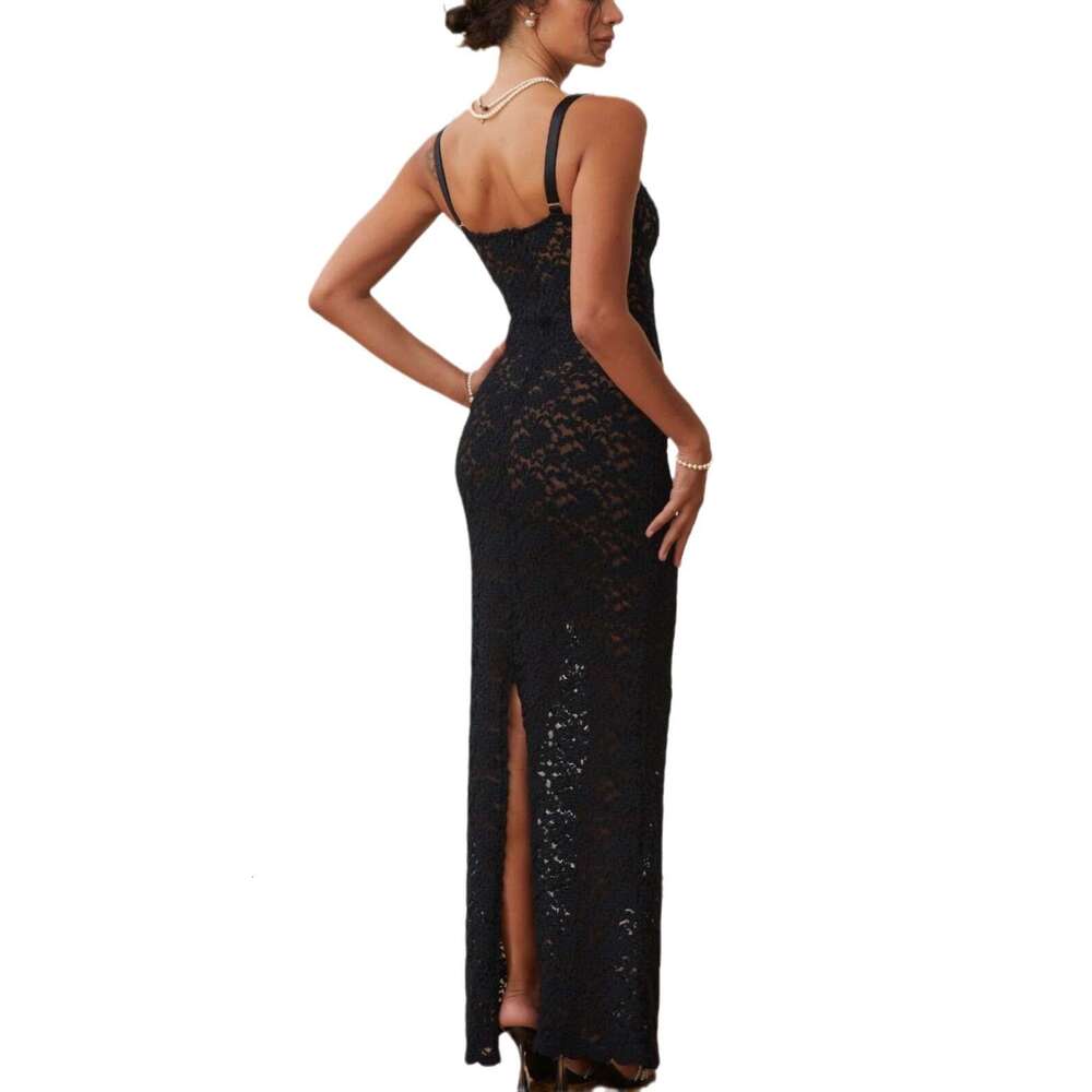 European and American Summer Women's One Piece Collar Sexy Perspective Lace Slimming Dress 2025 New Casual Versatile Fashion Clothing
