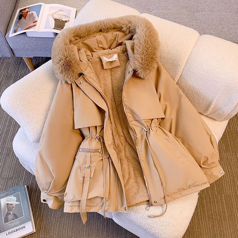 Women's Stylish Large Fur Collar Drawstring Waist And Veet Parka Jacket