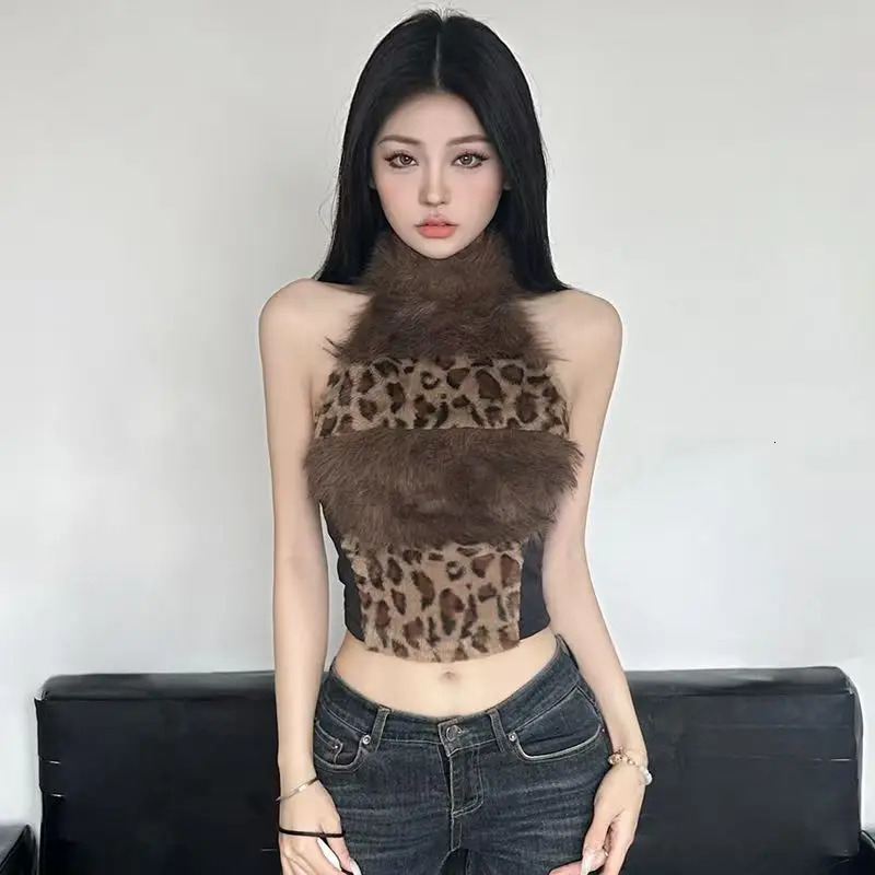 Summer Sexy Tie-dye Plush Stitching Leopard Print Vest Suspender Womens Trendy Street Y2K Wear Characteristic Short Top 250113