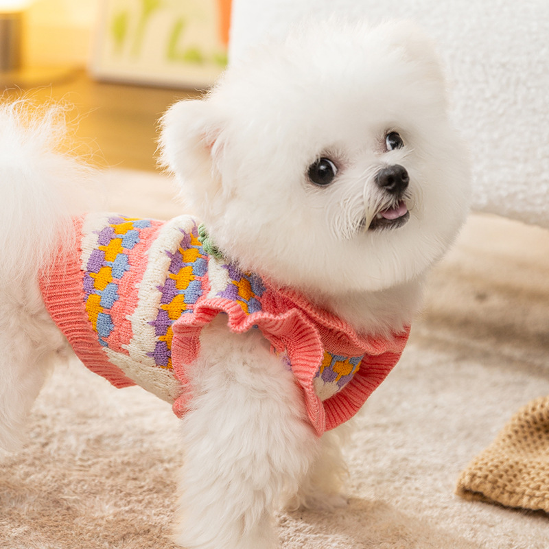 Dog Sweater 3D Small Flower Color Dog Teddy Pet Clothes Autumn and Winter Warm Knitted Sweater Small and Medium Sized