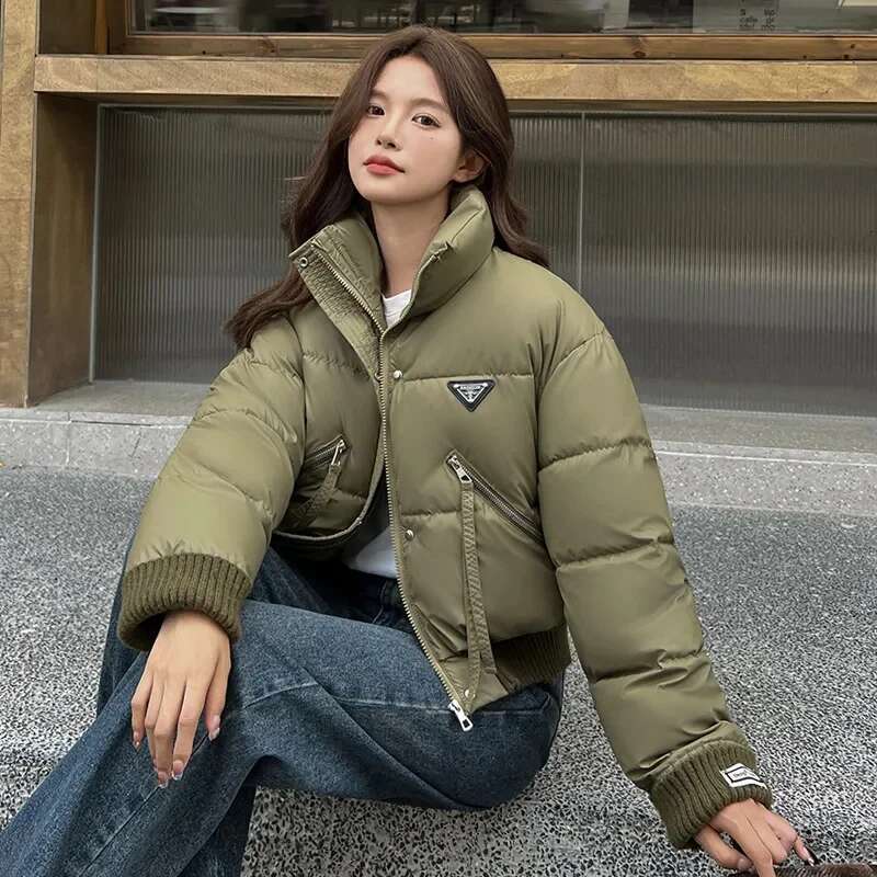 Fashion Casual Down Cotton Parkas Winter Warm Puffer Short Women's Stand Collar Knitted Spliced Jacket Outerwear