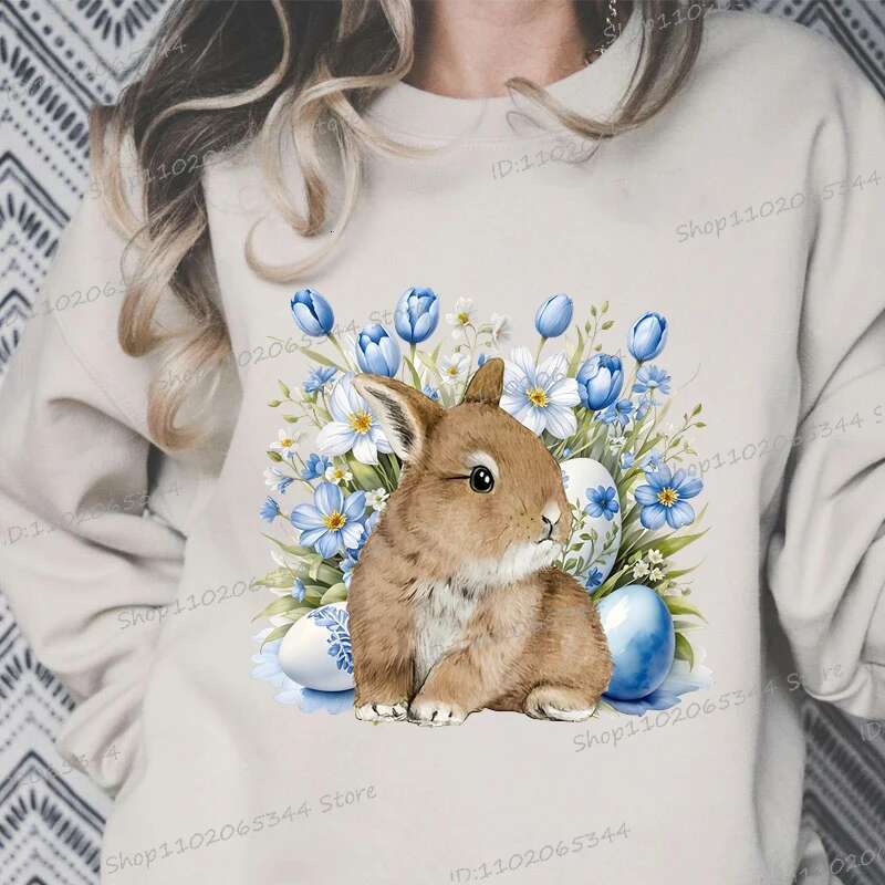 Cute Bunny Watercolor Hoodies Women, Oversized Hoodie,Daisy Wers Farm Rabbit Sweatshirts,Easter Women's Clothing