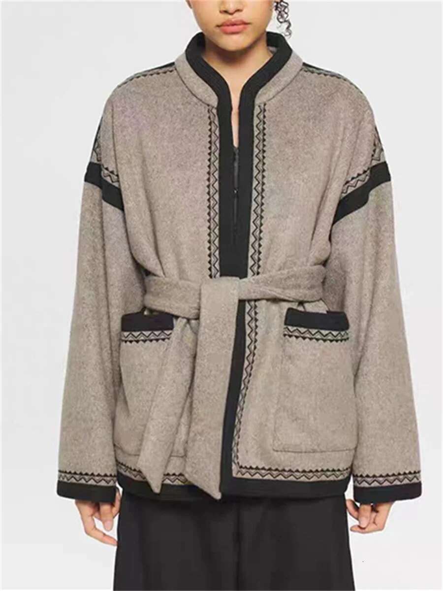 Embroidery Women Lace-Up Coat Contrast Color Wool Blends Loose Female Jacket With Pockets 2024 Autumn Winter