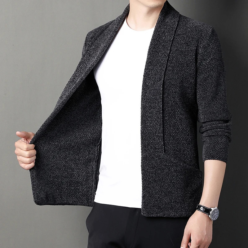 Mens Knitted Cardigan Chenille Lapel Buttonless Solid Color Simple Business Casual Mens Cardigan 250113