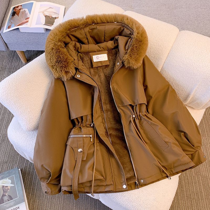 Women's Stylish Large Fur Collar Drawstring Waist And Veet Parka Jacket