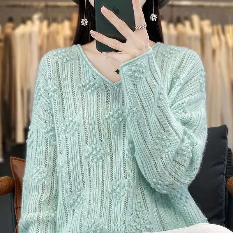 Women's Pullover Sweater 2024 Autumn Winter Hollow Out V-Neck Ladies Knitting Jumper Loose Age Reduction Female Bottoming Tops