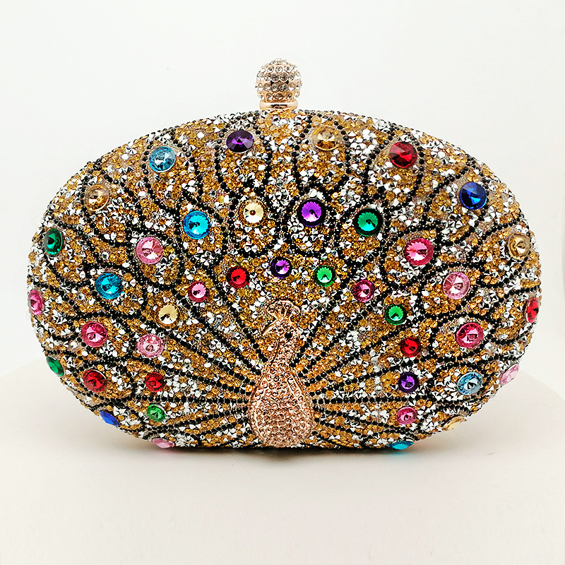 New peacock diamond-encrusted evening bag retro party bag black high-end dress bag