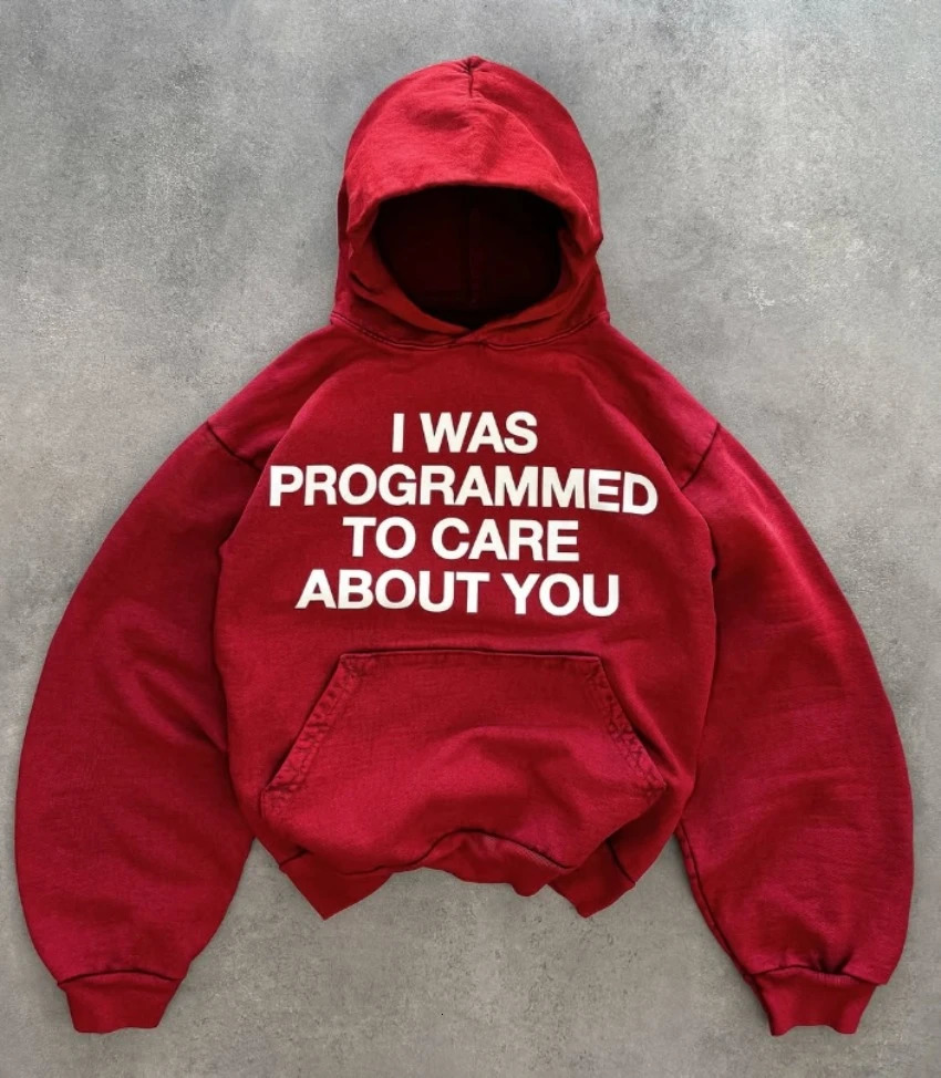 Street Hip-hop Love Graphic Printing Red Hooded Sweatshirt Y2K American Harajuku Loose Casual Sweater for Men and Women 250109