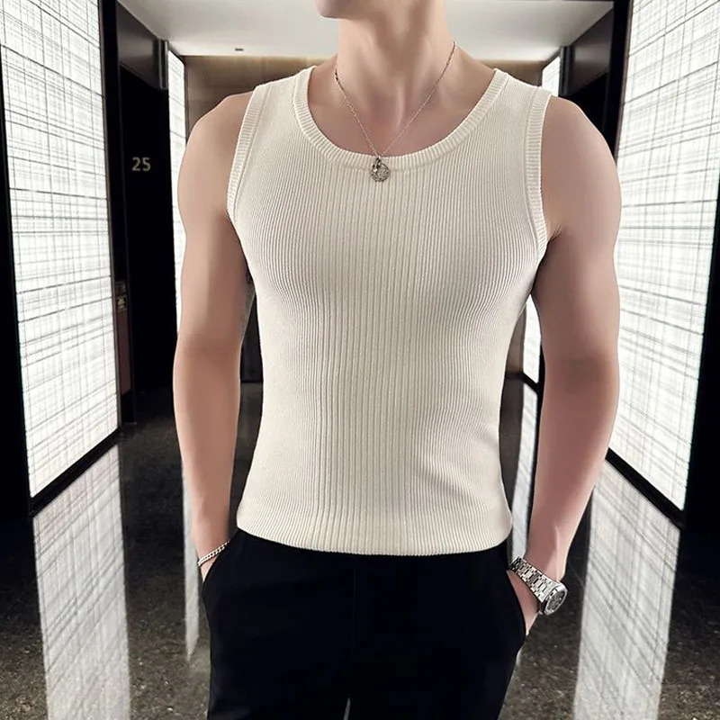 Solid Color Sleeveless Round Neck Summer Men Casual American Style Handsome Knitting Vest Bodybuilding Elastic Force Slim Tops 250108