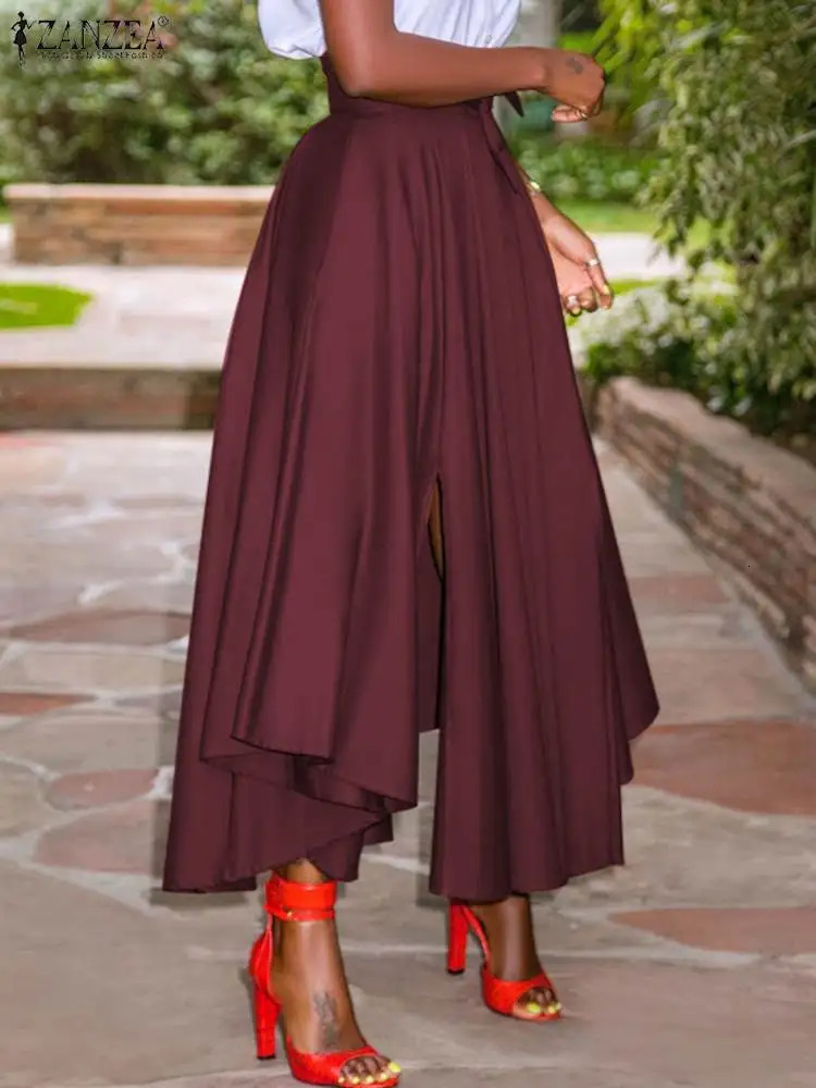 ZANZEA Summer Women Party Split Sundress Stylish Irregular Skirts High Waist Maxi Vestidos Solid Robe Saia Holiday Faldas 250108