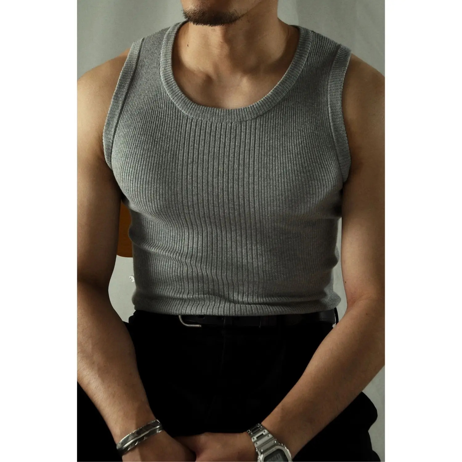 Solid Color Sleeveless Round Neck Summer Men Casual American Style Handsome Knitting Vest Bodybuilding Elastic Force Slim Tops 250108