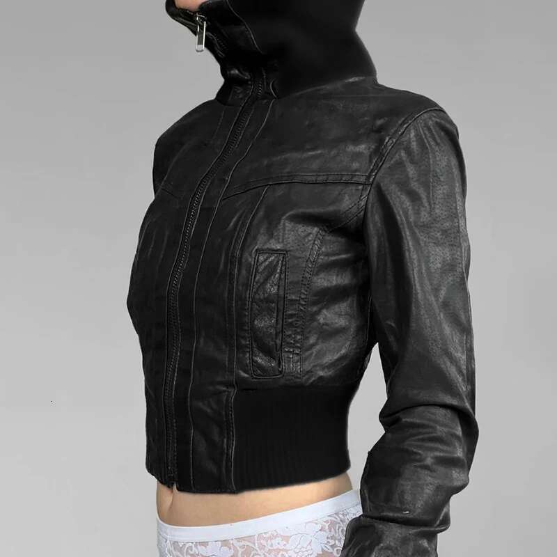 CIBBAR Punk Style Black Leather Jacket Full Zip-Up Turtleneck Long Sleeve Cropped Jackets Women Streetwear Patchwork PU Coat Y2k