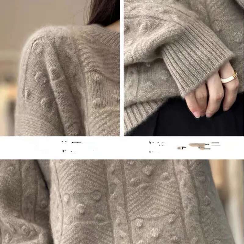Women's Autumn Winter Pullover Round Neck Solid Screw Thread Paisley Lantern Long Sleeve Sweater Knitted Casual Elegant Tops