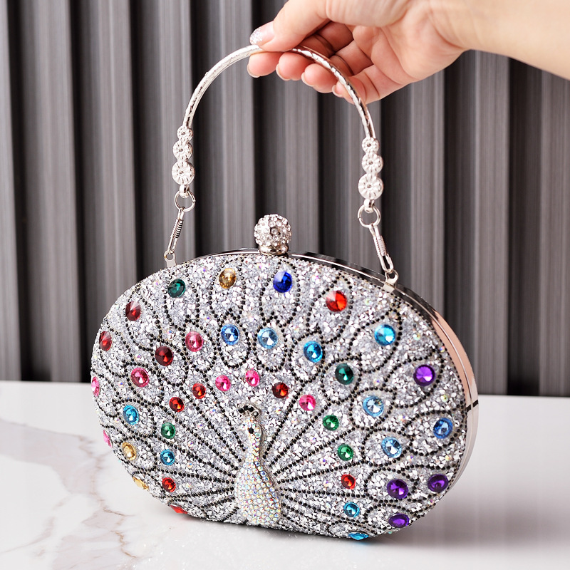 New peacock diamond-encrusted evening bag retro party bag black high-end dress bag