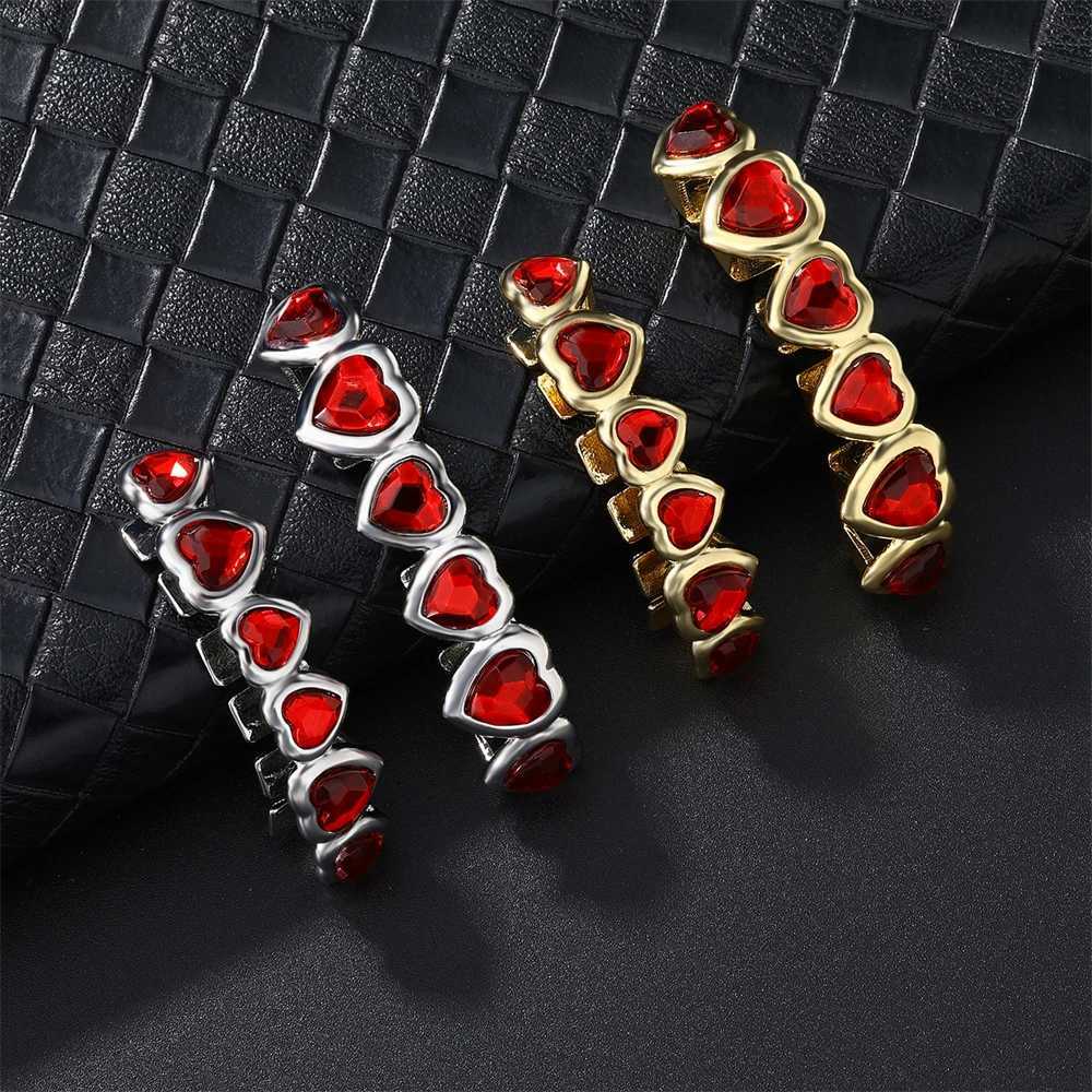 Love Red CZ Stones Teeth Grillz Caps Cubic Zircon Iced Out Micro Pave Top Bottom Charm Grillz For Men Women JewelryXJ250114