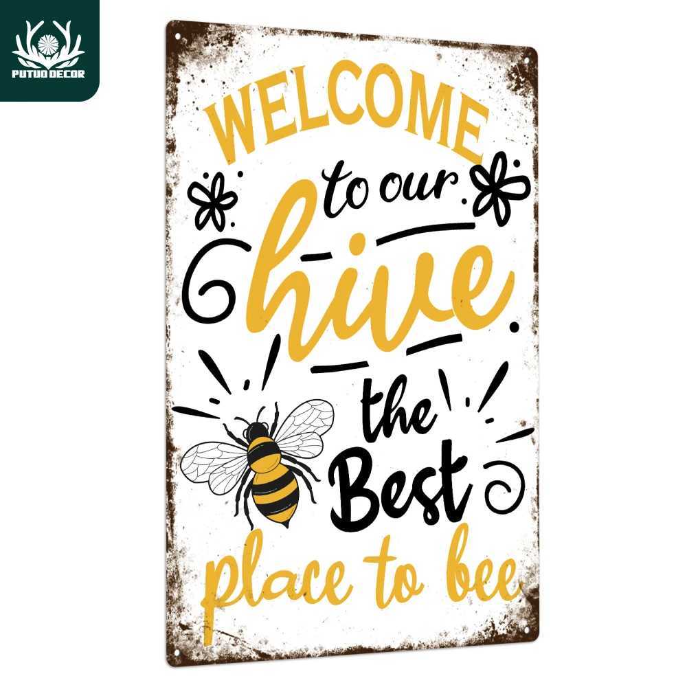 High Quality Putuo Decor Welcome Metal Signs Tin Plaque Painting Retro Bee Decoration Plate Iron Wall Art Decor for Home Bedroom Farm T250118