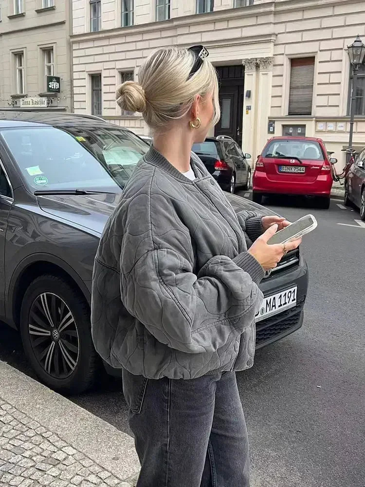 2024 Autumn Winter Grey Oversize Women Cotton Coat Thicken Warm Long Sleeve Zipper Loose Padded Jacket Female Parkas 250115