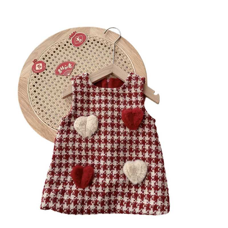 Girl's Dresses Girls' Velvet Vest Skirt Winter A-class Baby Thick Checkered Love Dress Children's Skirt