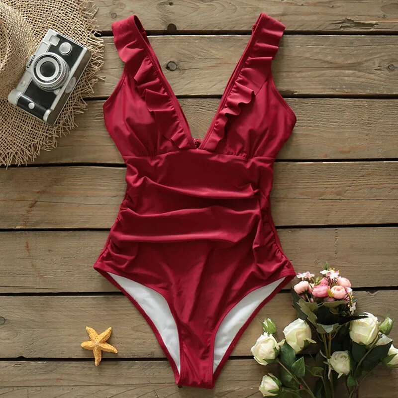 SPORLIKE Heart Attack Falbala One-Piece Swimsuit Women Ruffle V-Neck Monokini 2024 New Girls Beach Bathing Suit Swimwear S-2Xl