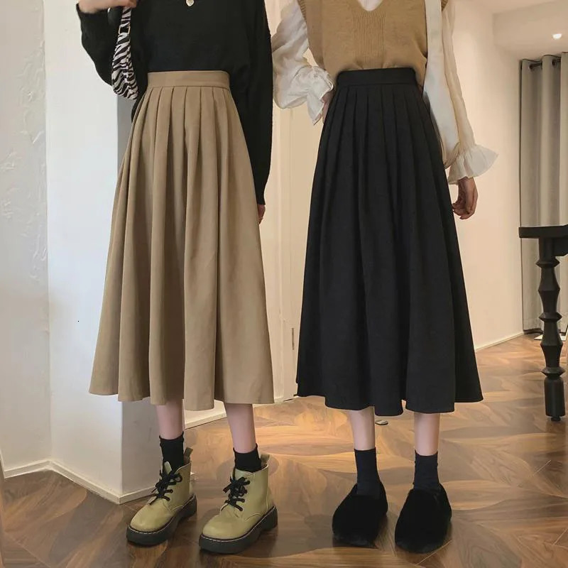 Xpqbb Korean Style Womens Midi Skirt Autumn HighWaisted Corduroy Long Women College Pleated ALine Skirts 250108