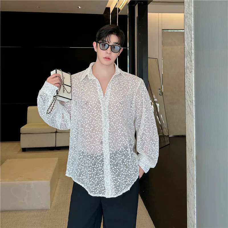 Autumn Korean style personalized hollow sequin mens loose fitting mens clothing shirt size M-XL 250110