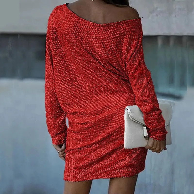 Elegant Women Sequins Party Dress Luxurious Long Sleeve One Shoulder Cocktail Graduation Evening Prom Gown Night Clubwear 250110
