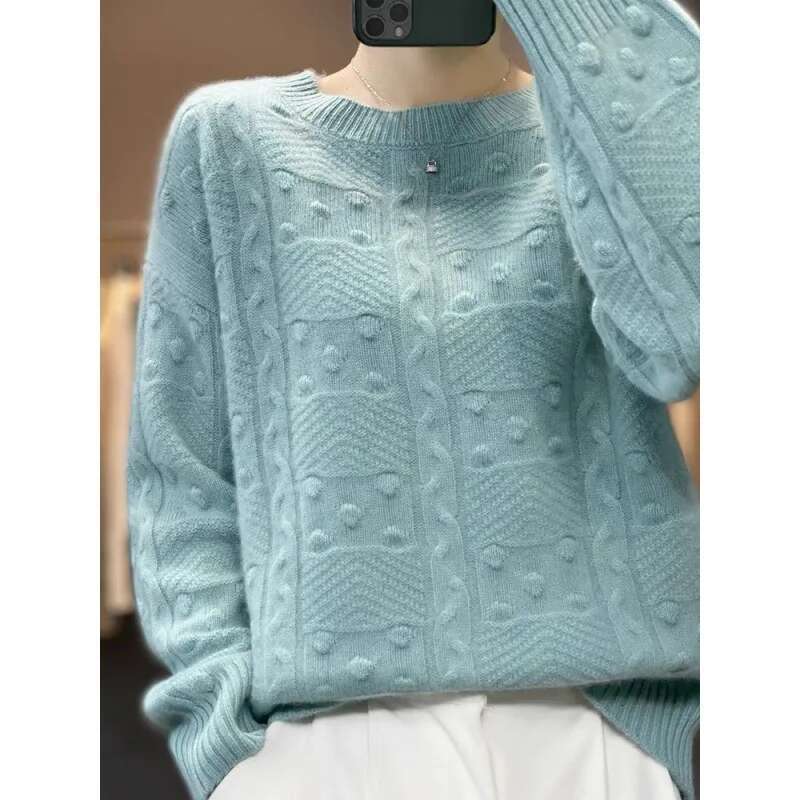 Women's Autumn Winter Pullover Round Neck Solid Screw Thread Paisley Lantern Long Sleeve Sweater Knitted Casual Elegant Tops