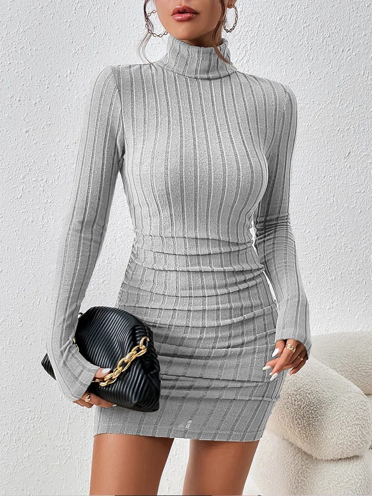 Autumn Winter Womens Fashion High Neck Ribbed Dress Solid Color Casual Long Sleeve Tight Mini Clothing 250109