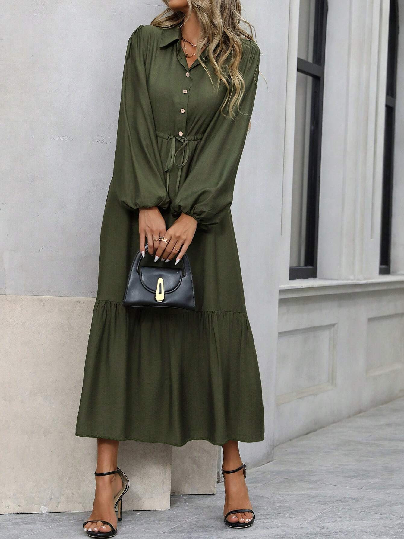 GY6185 Spring Beautiful Ladies Elegant Button Long Sleeve Waist Drawstring Dress