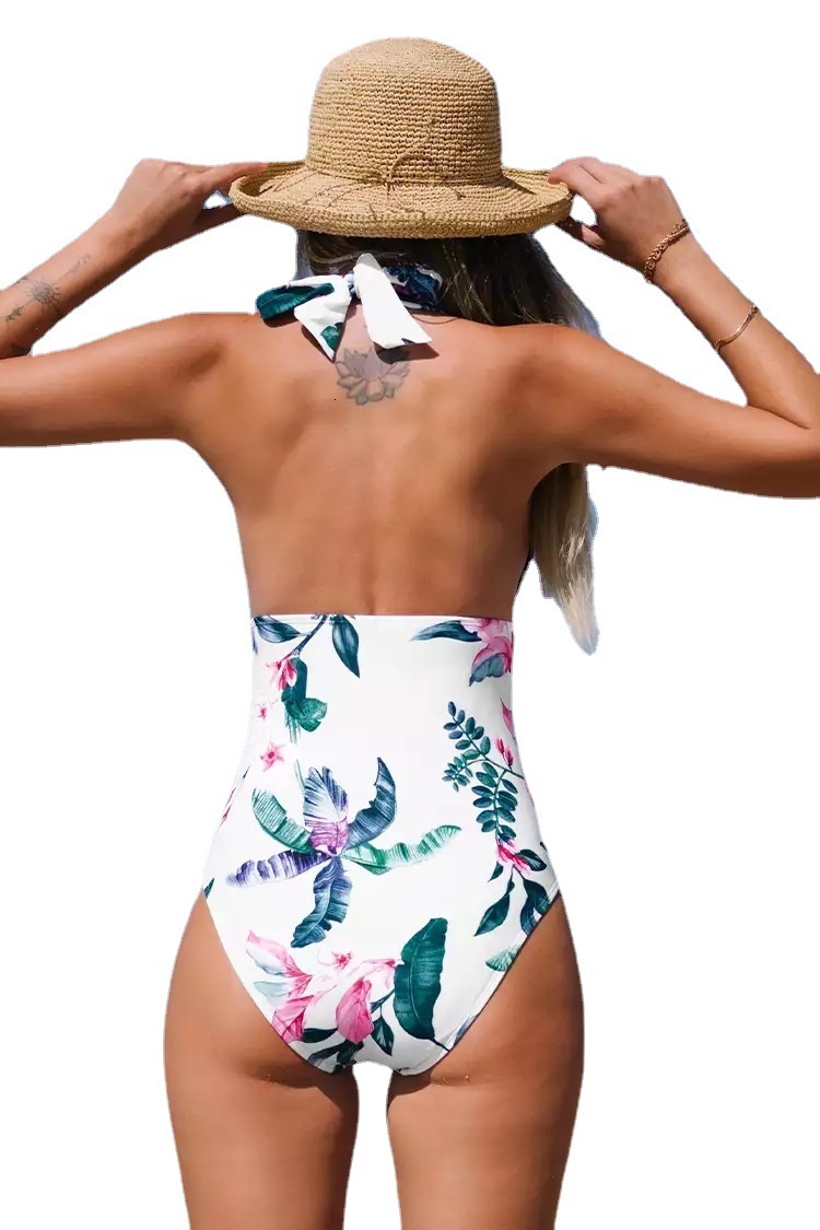 new sexy printed pleated one-piece bikini backless women's small fresh swimsuit