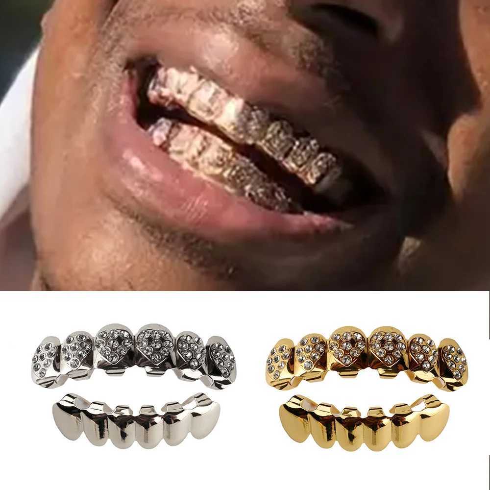 YOUNGX Hip Hop Heart Zircon Teeth Grillz Braces Gold Color Top Bottom Glossy CZ Stone Tooth Caps For Women Men Jewelry GiftXJ250114