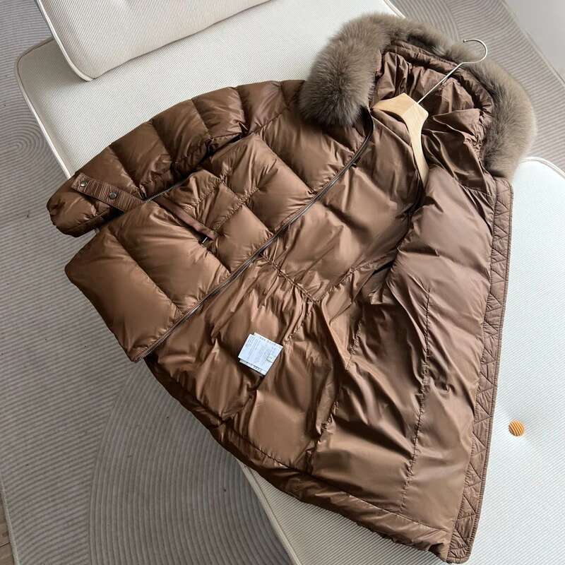 Janveny 2024 New Winter Hooded Short Large Fox Fur Feather Neck Duck Down Coat Women Waist Slim Fit Puffer Lightweight Jackets
