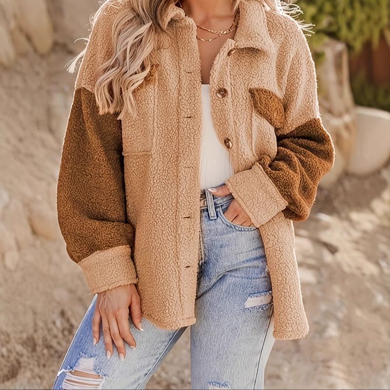 Women's Clothing Autumn And Winter Lamb Wool Coat Camel Contrast Color Style Fashionable Loose