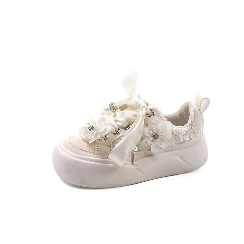 Girl Casual Shoes Chinese Sle Kids Princess Shoe with Sweet Flowers 2024 Autumn New Girls Sports Shoes with Cute Ribbon BowXJ250118