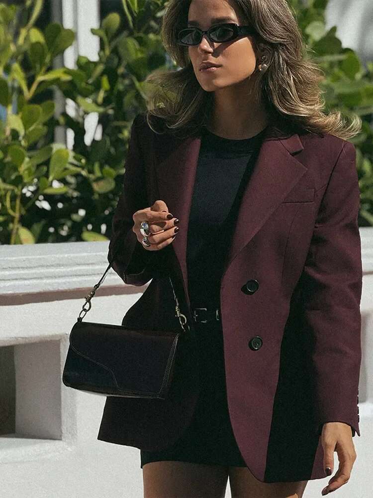 Fashion Casual Bury Red Women Slim Blazer Elegant Lapel Single Breasted Long Sleeved Padded Shoulder Suit Jackets