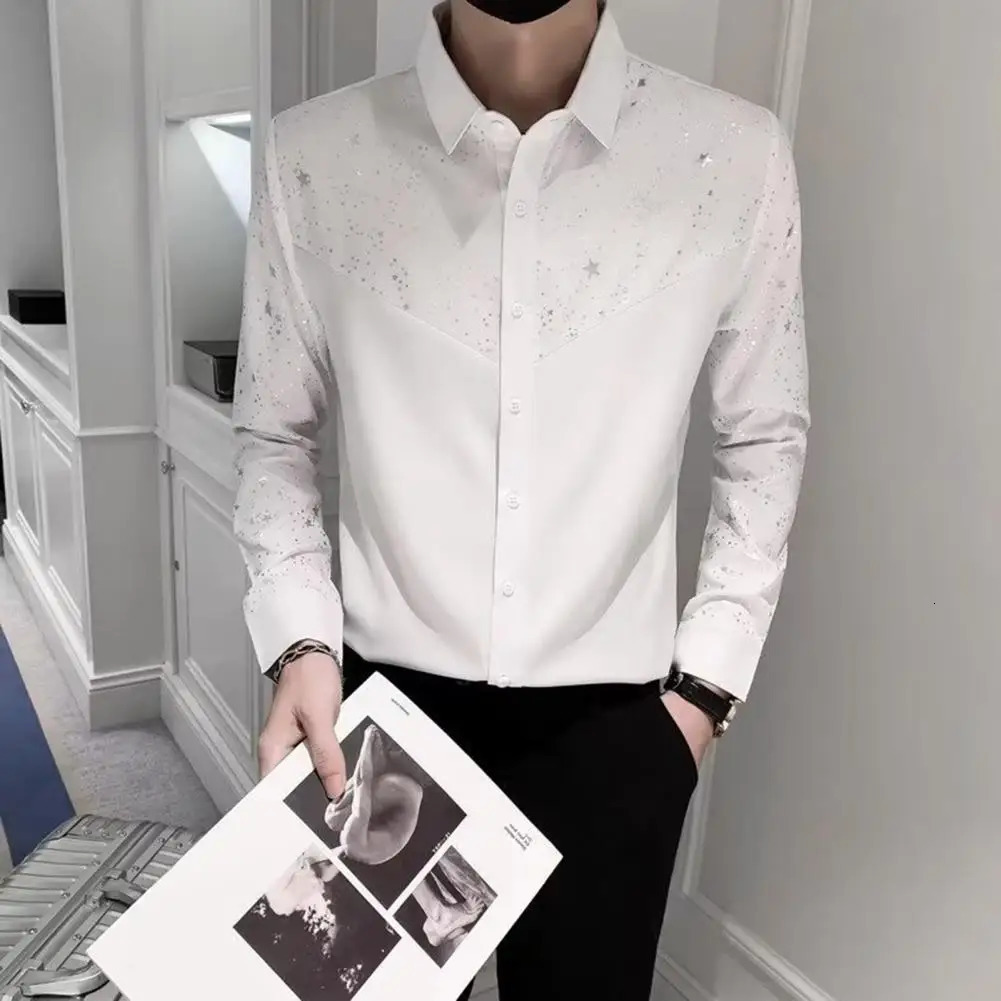 Ultra thin fit shirt with glitter star patch work cardigan for men ultra-thin fit long sleeved shirt with a soft and breathable collar at the hem 2501