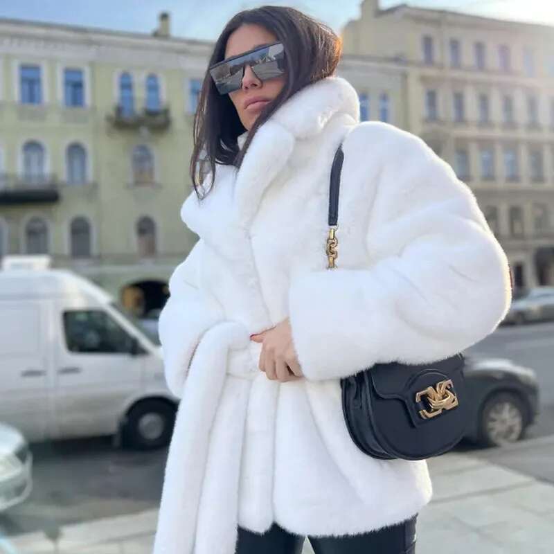 2024 Imitation Rabbit Lapel Neck Fur Jacket Thickened Thermal Belt Coat Women's Solid Color New