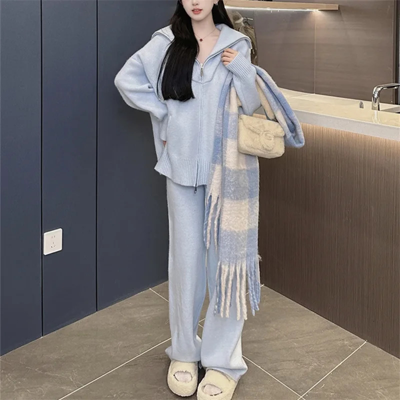 Autumn Winter Fashion Casual Loose Women Two Piece Set Knitted Zipper Long Sleeve Winter Warm Cardigan CoatWide Leg Pants Suit 250113