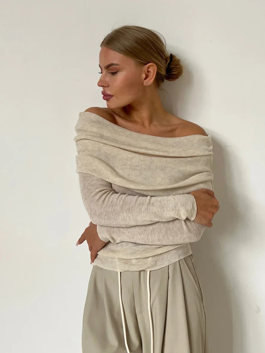 Bornladies Women Knitted Wool T-shirt Slim Fit Long Sleeve Autumn Winter Chic Off Shoulder Basic Sweater Streetwear Pullovers 250107
