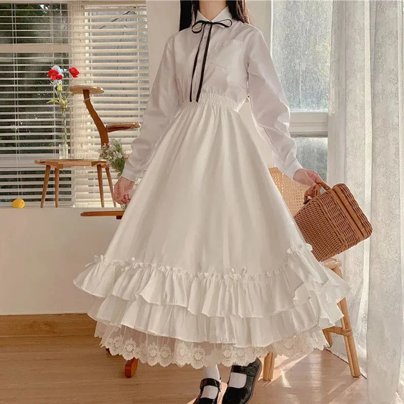 Japanese ruffles pleated skirt woman sweet high waist loose Anklelength skirts women college style black patchwork Aline 250108