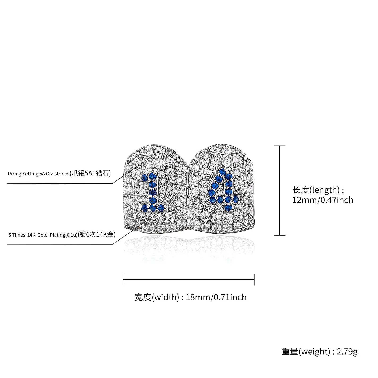 Blue Zircon Iced Out Teeth Grillz Hip Hop Top Bottom Grills Dental Mouth Punk Teeth Caps Cosplay Party TG107XJ250114