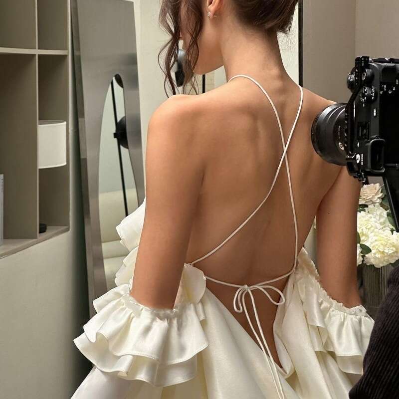 European and American women's 2025 autumn style sexy pure desire French temperament off shoulder ruffle edge flared sleeve dress new casual versa