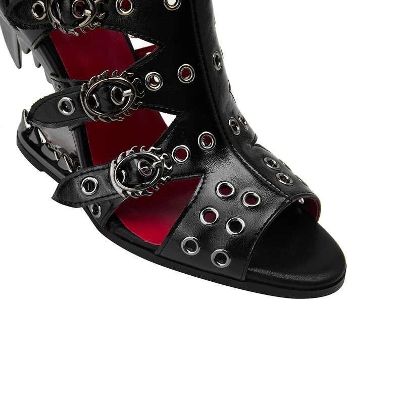 Women's New Spring/Summer Pointed Nightclub Metal Belt Buckle Rivet Wolf Teeth Slope Large High Heel Short Cool Boots