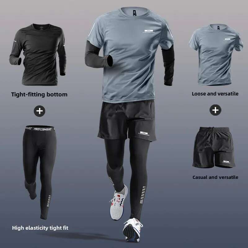 Men's Sports Suit Fiess Clothing Morning Running Cycg Training Tight Fit Quick-Dry Shirt Spring Equipment Tracksuit Men